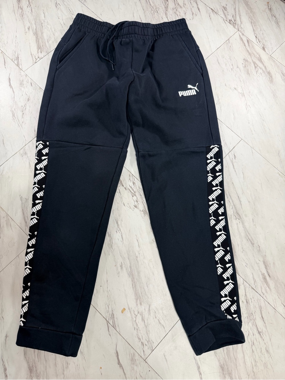 Puma Boys Black Joggers with White Logo Tape